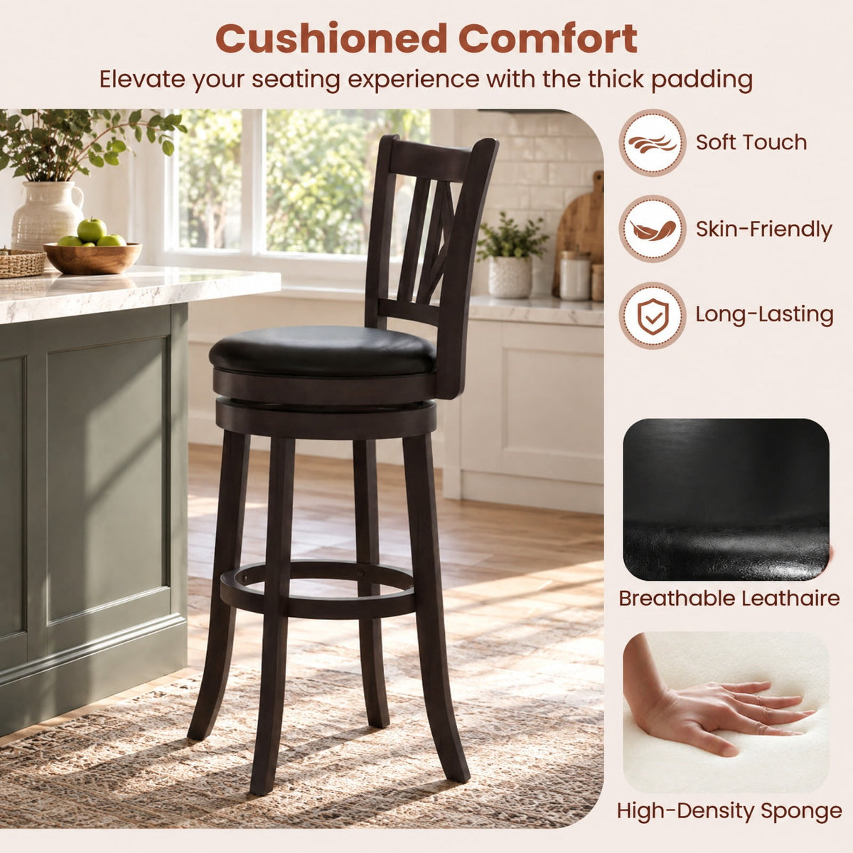Airfind Set of 2 Bar Stools Swivel Bar Chairs with Hollowed Backrest and Footrest-30 inches, 275 lbs Capacity, 20 Inch x 18 Inch x 39.5 Inch Footprint