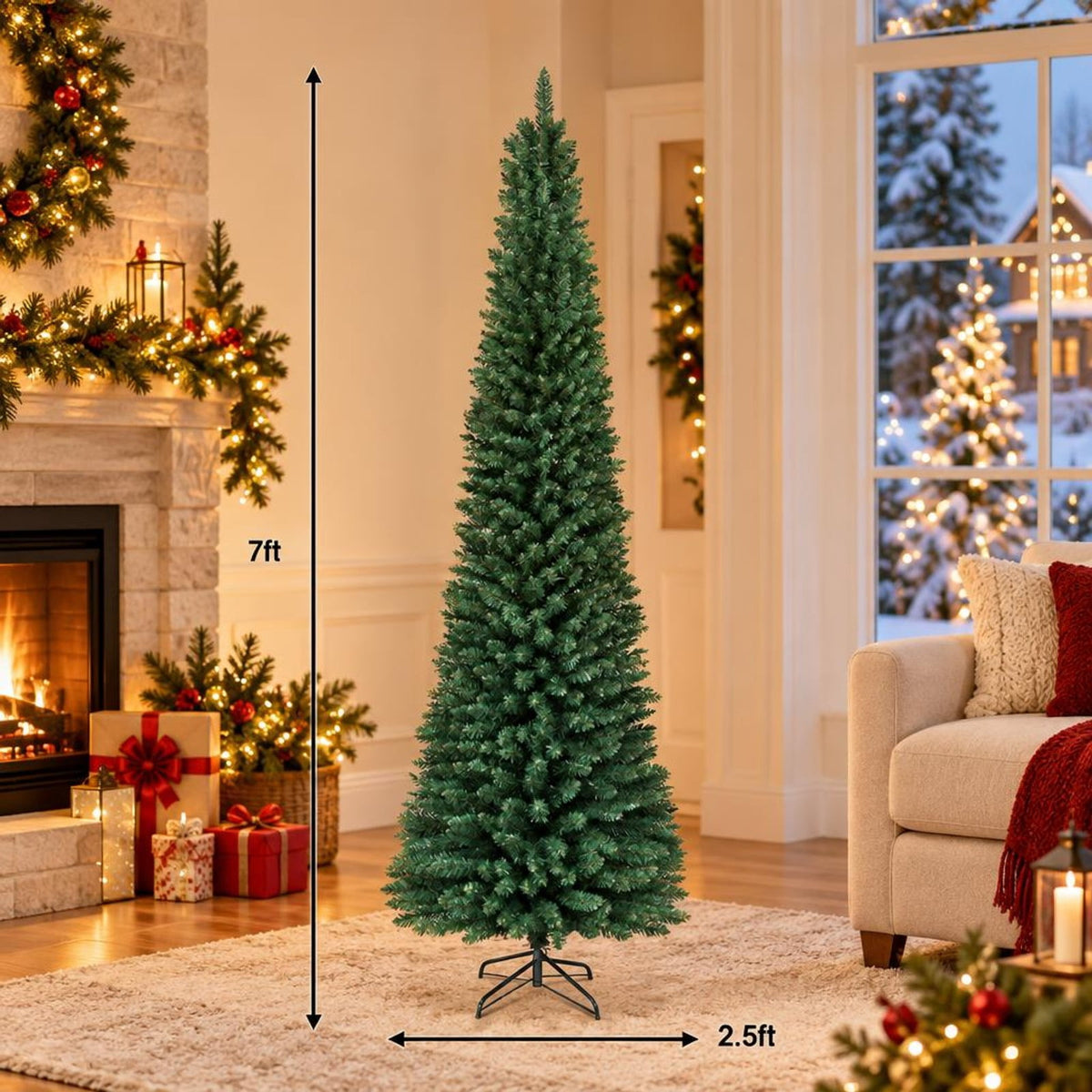 Airfind PVC Artificial Slim Pencil Christmas Tree-7 Feet, PVC iron 5 Ft: Frame, 2ft x 5ft Footprint, Green