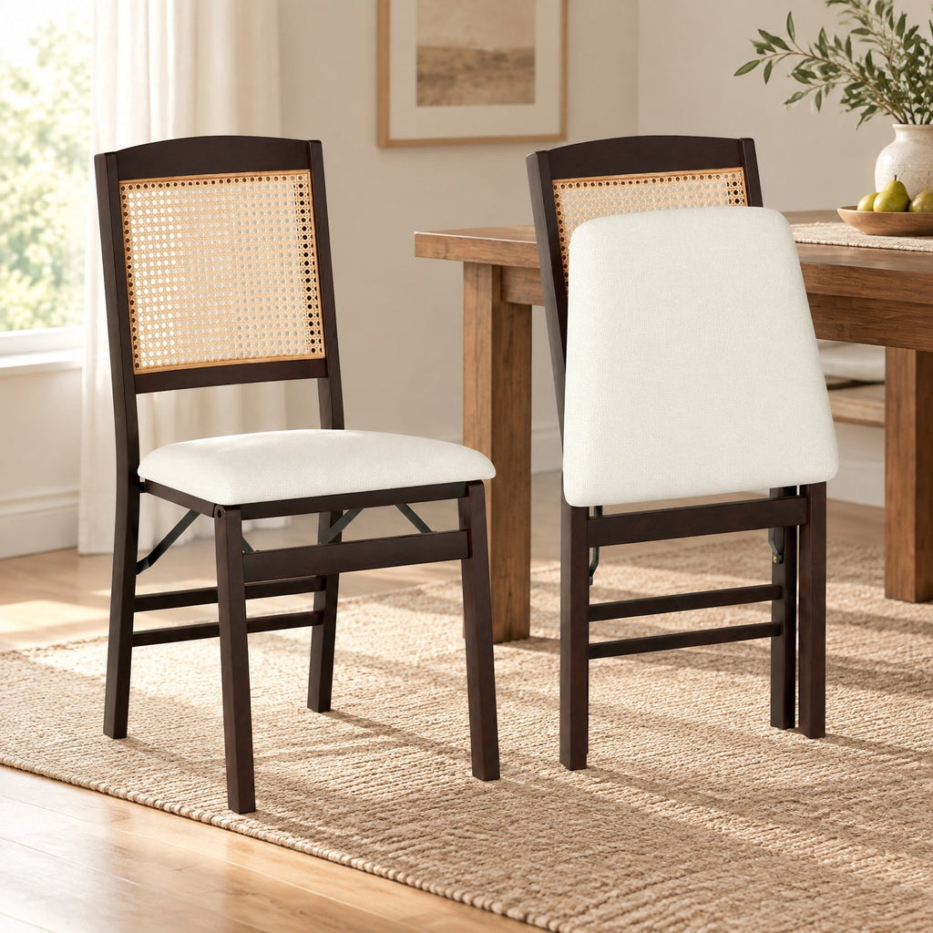 Airfind Folding Dining Chairs Set of 2 Rubber Wood Chairs with Linen Padded Seat, 400 lbs Capacity, Rubber Wood PE Rattan Linen Fabric Sponge Frame