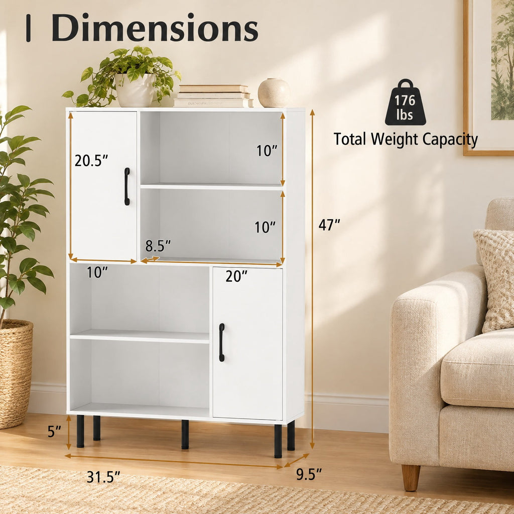 Airfind 47 Inch Storage Cabinet Freestanding Bookcase with 2 Doors and 4 Open Shelves, 176 lbs Capacity, Engineered Wood MDF Metal Frame, White