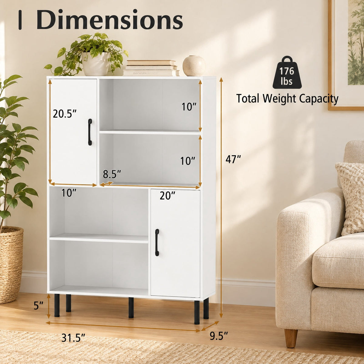 Airfind 47 Inch Storage Cabinet Freestanding Bookcase with 2 Doors and 4 Open Shelves, 176 lbs Capacity, Engineered Wood MDF Metal Frame, White