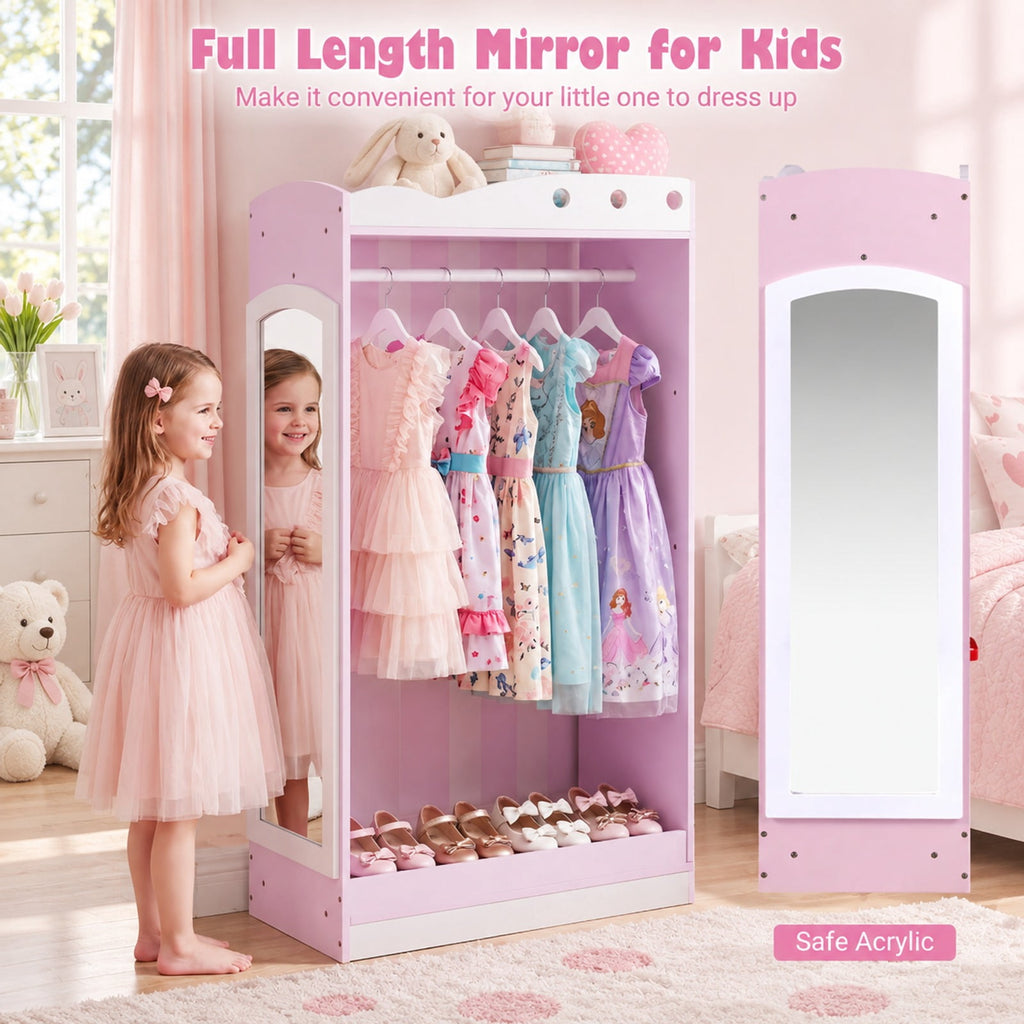 Airfind Kids Dress Up Storage with Full Length Mirror and Open Shelves, Engineered Wood Frame, for 3+ Years Old, 35.5in x 12in x 44in Footprint, Pink