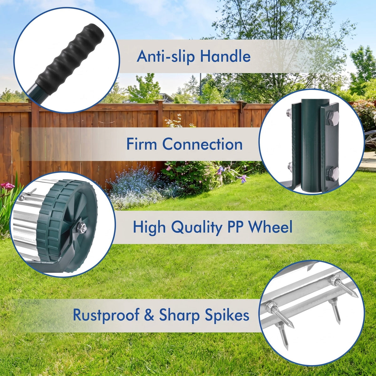 Airfind 18 Inch Rolling Lawn Aerator with Anti, Steel rubber PP Frame, 18 Inch x 8 Inch x 50 Inch Footprint, Green