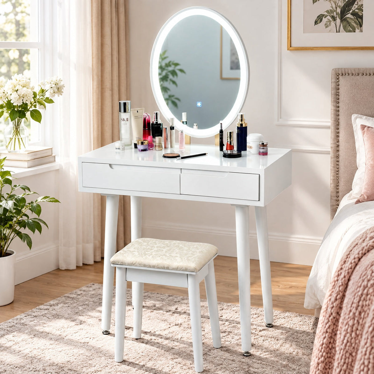 Airfind Touch Screen Vanity Makeup Table Stool Set with Lighted Mirror, MDF paint rubber wood cedar wood Frame, 31.5 x 16 x 54.5 Footprint, White