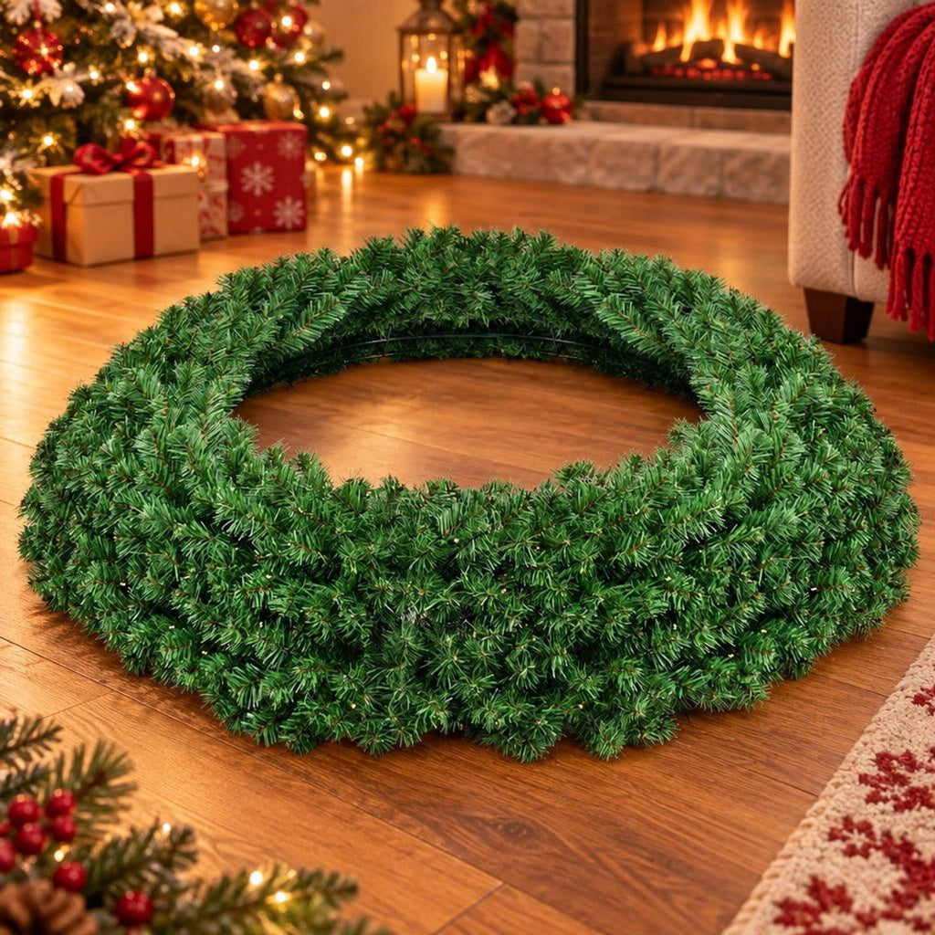 Airfind 48 Inch Pre-Lit Artificial Christmas Wreath with 200 Warm LED Lights and 714 PVC Branch Tips, Battery Operated, Green