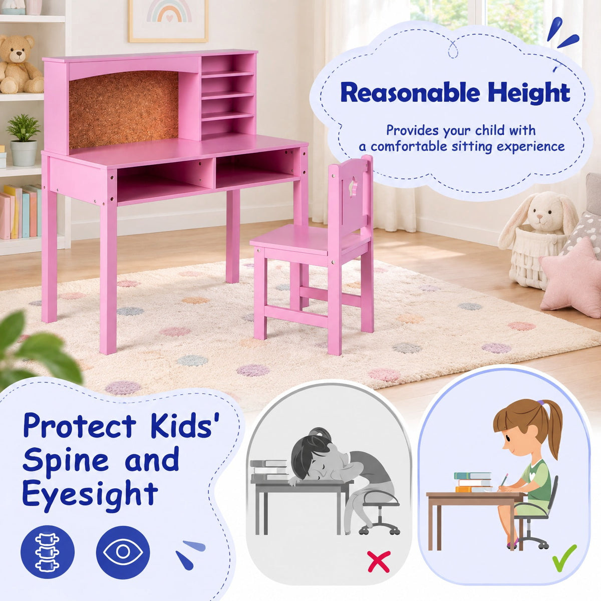 Airfind Kids Desk and Chair Set with Hutch and Bulletin Board for 3+ Kids, MDF Pine Wood Frame, 31 x 15.5 x 33.5 Footprint, Pink