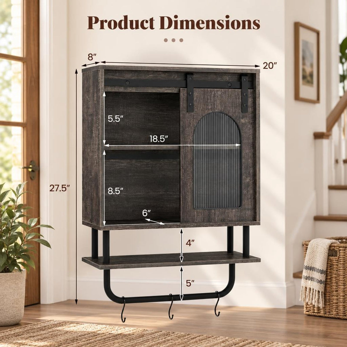 Airfind Bathroom Wall Cabinet with Sliding Barn Door and Metal Hanging Bar with 3 Hooks, 22 Lbs Capacity, Engineered Wood MDF Metal PC, Black