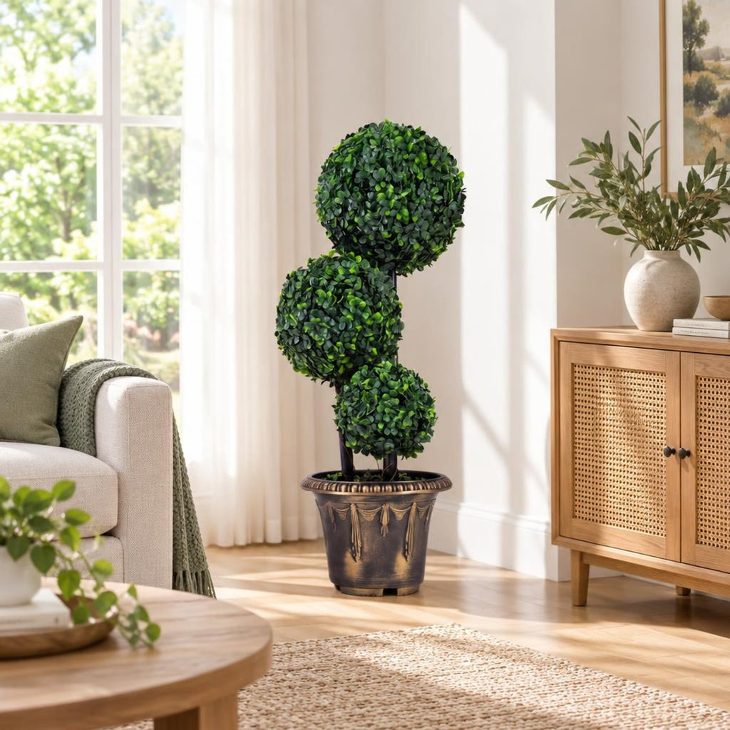 Airfind 29 Inches Artificial Boxwood Topiary Tree Triple Ball Shrubs, PE Metal Solid Wood Cement PP Tree Height 29 Inch/35 Inch Pot, Black