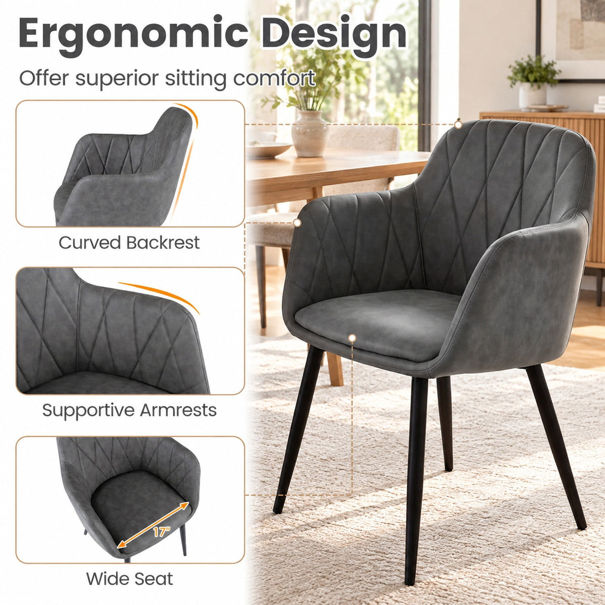 Airfind Upholstered PU Leather Kitchen Chairs Set of 2 with Curved Back and Wide Seat, Chair 396 lbs Total Capacity, PU Leather Metal Sponge Frame