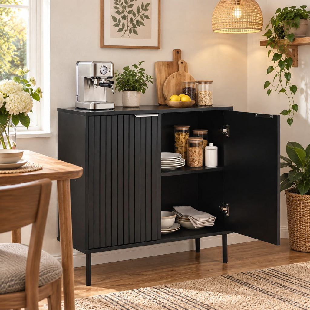 Airfind Fluted Buffet Cabinet with 2-Door Sideboard for Kitchen and Dining Room, Black, Metal legs provide strong and reliable support