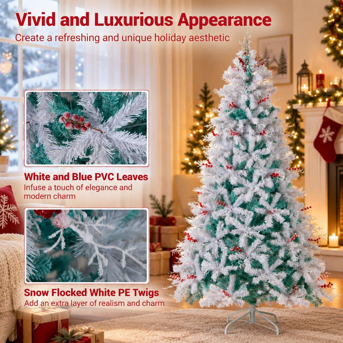 Airfind Pre-Lit Artificial Christmas Tree with Snow Flocked Branch Tips, PVC PE Metal Frame, 3.8 x 6 ft Footprint, White+Lake Blue