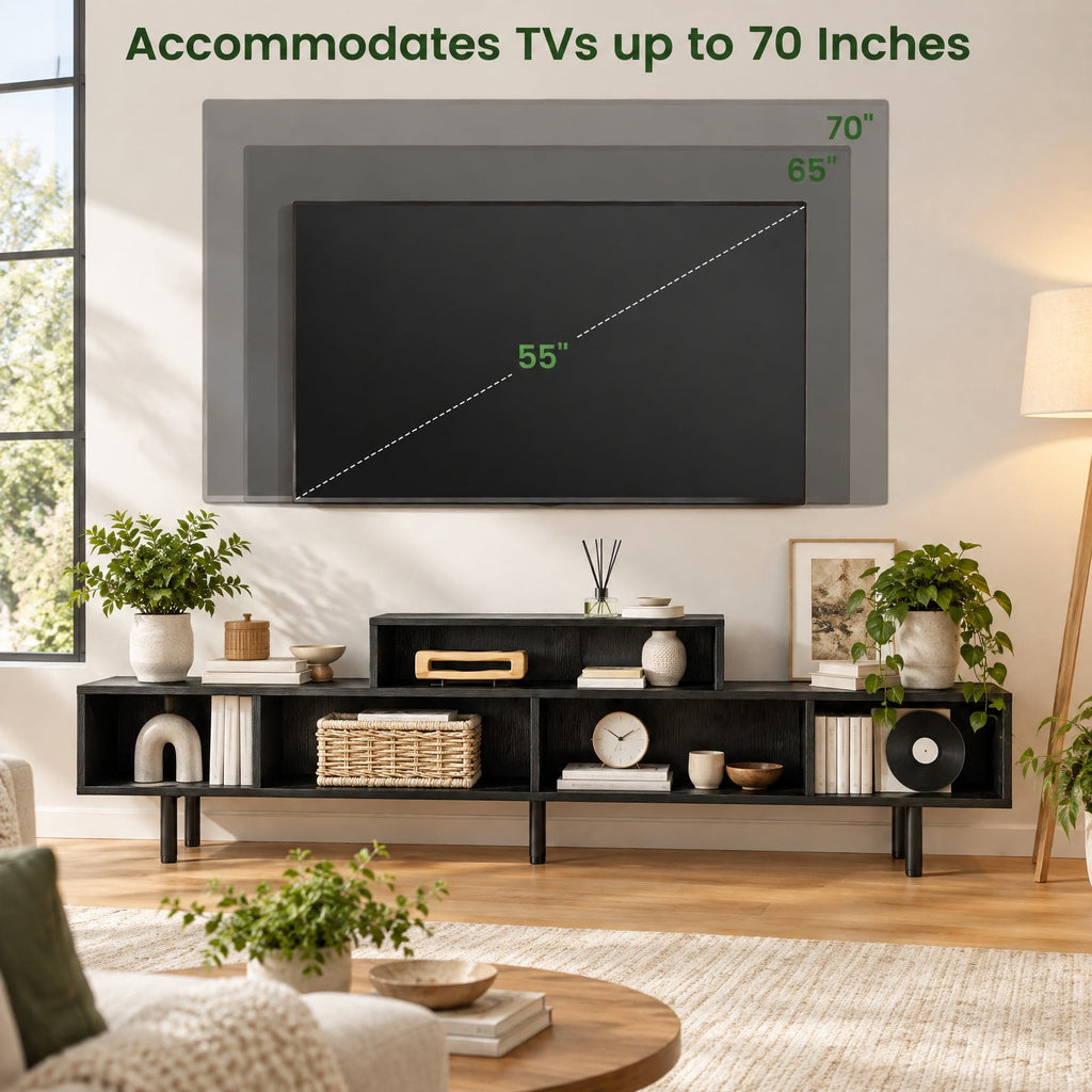 Airfind 3 Cubby TV Stand for TVs up to 70 Inch Entertainment Center with Open Storage Compartments, 155 lbs Capacity, 63 Inch x 12 Inch x 18 Inch Footprint