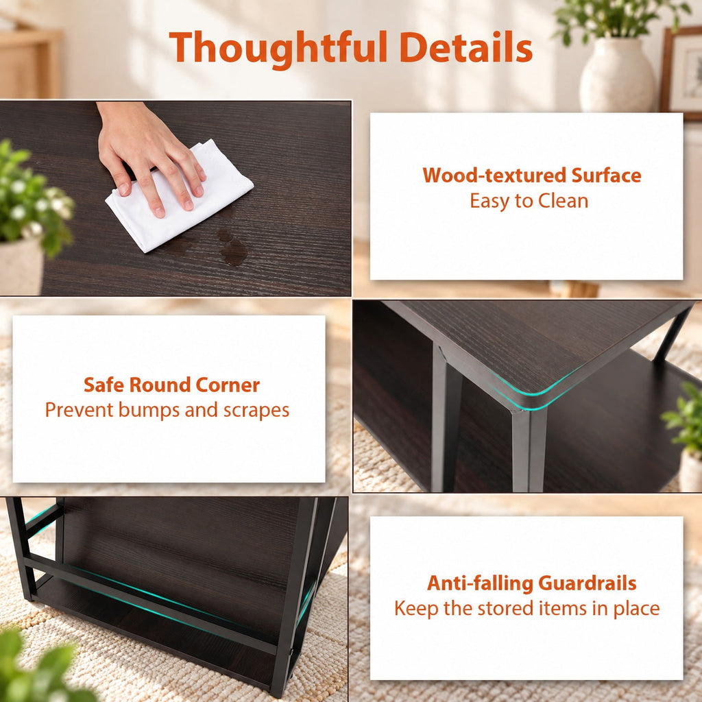 Airfind Rectangle Coffee Table 2-tier Industrial Accent Table with Storage Shelf and Compartment, 176 lbs Capacity, Engineered Wood Metal Frame
