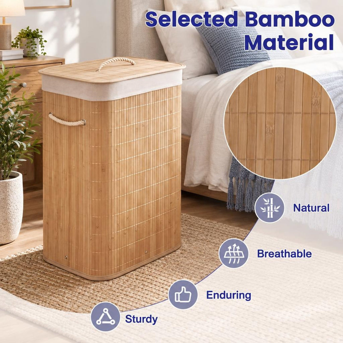Airfind 19 Gal Bamboo Clothes Hamper with Removable Liner and Portable Handles, 33 lbs Capacity, Bamboo Polyester Cotton Metal Engineered Wood Frame