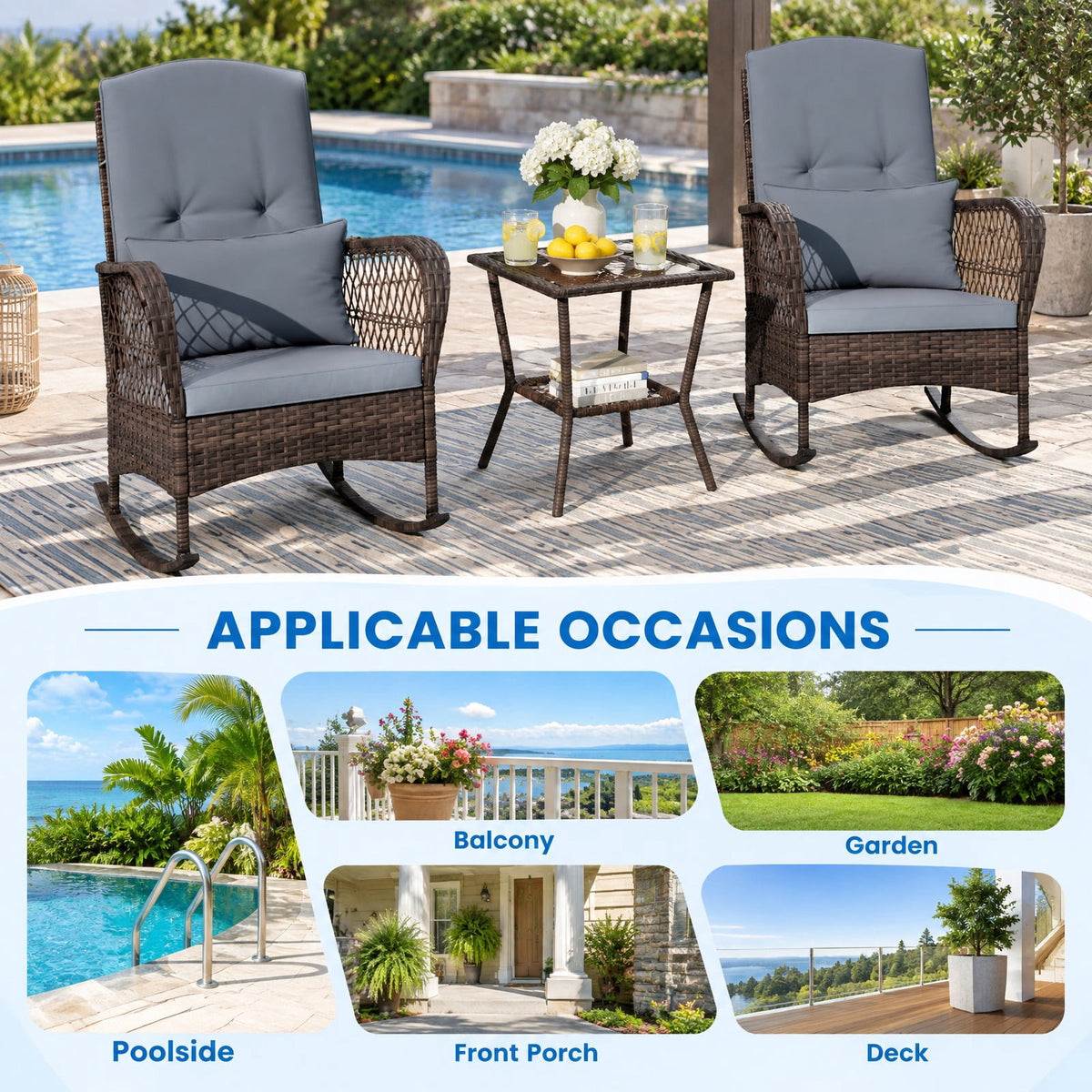 Airfind 3 Pieces Rocking Bistro Set with 2-Tier Coffee Table, PE Rattan Metal Tempered Glass Polyester Sponge Frame, 34 Inch x 26.5 Inch x 37 Inch Footprint
