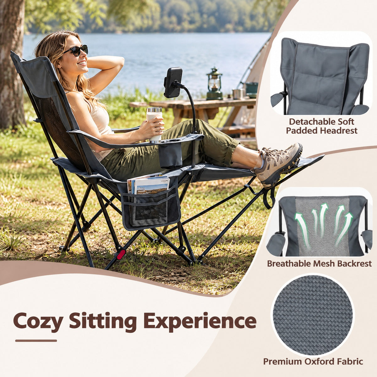 Airfind 2-in-1 Reclining Camping Chair with 3-Level Adjustable Backrest, 330 lbs Capacity, Fabric Metal Cotton Frame, 51.5 Inch x 32 Inch x 34.5 Inch Footprint