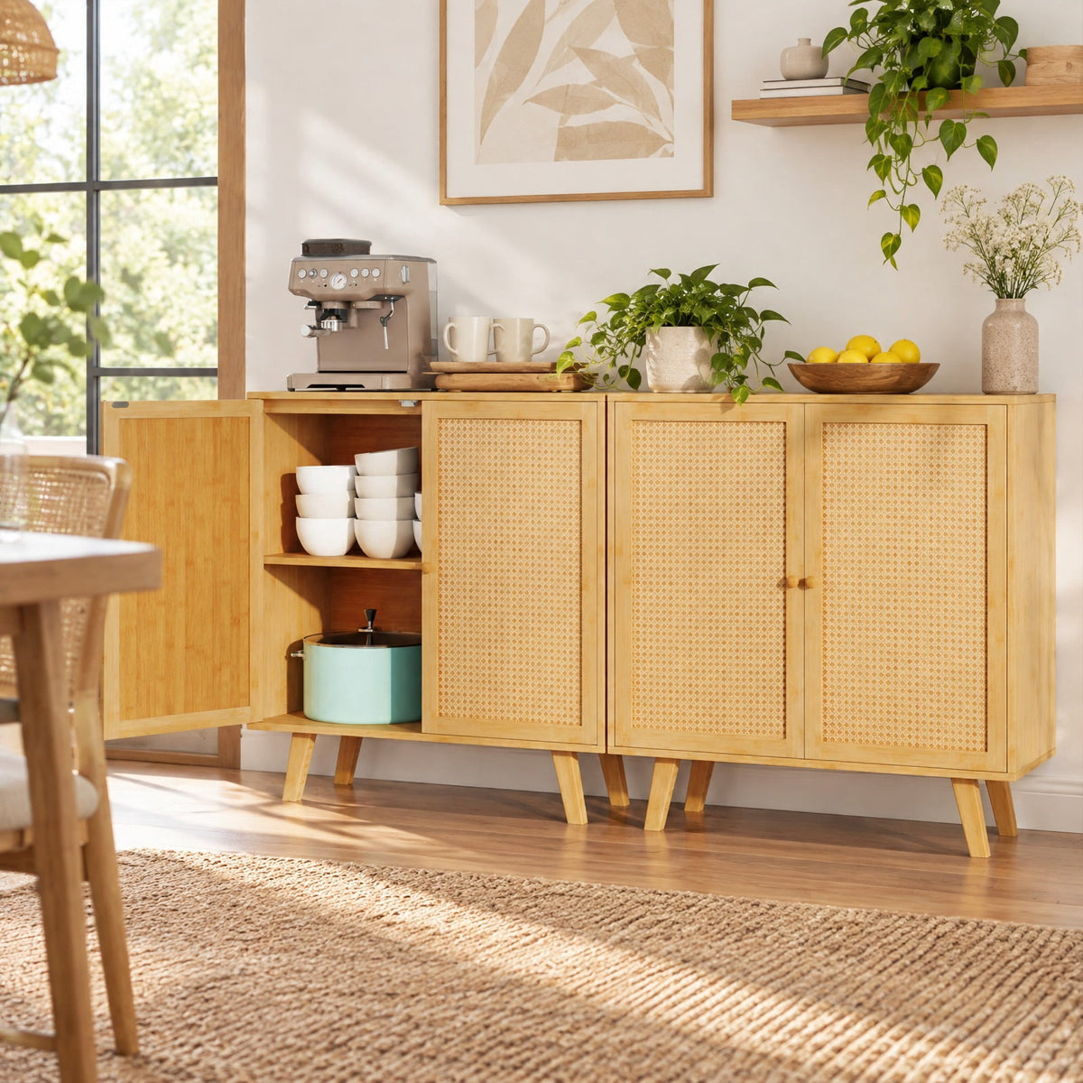 Airfind Bamboo Buffet Storage Cabinet with PE Rattan Doors and Freestanding Kitchen Cupboard, 110 lbs Capacity, Bamboo PE Rattan Frame, Natural