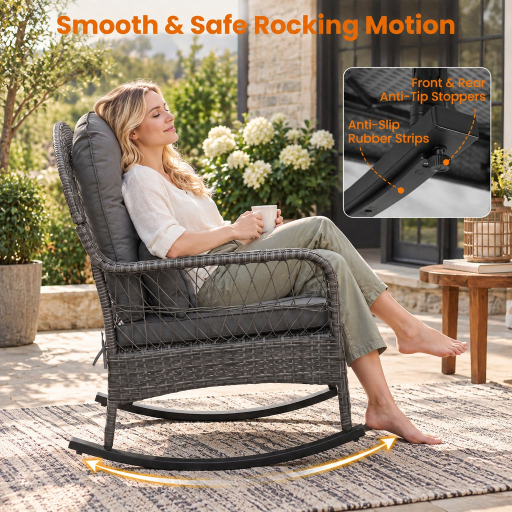 Airfind 400 LBS Patio Rattan Rocker Chair with Anti-Tip Stoppers and Thick Cushions for Porch, 400 lbs Capacity, 25 x 29 x 34 Footprint, Gray
