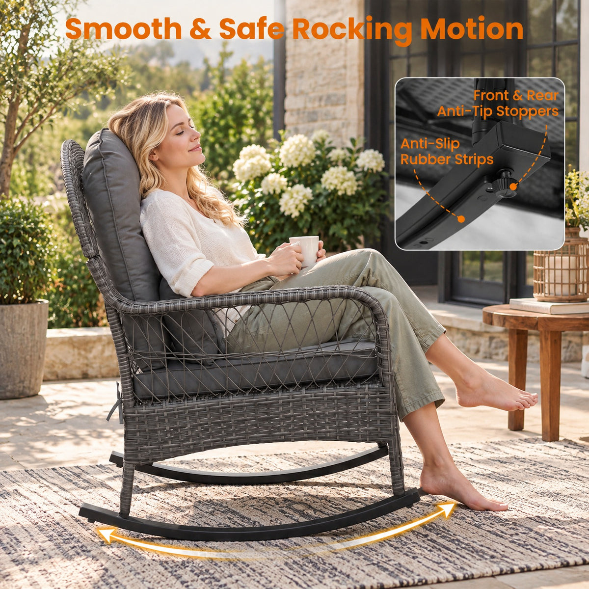 Airfind 400 LBS Patio Rattan Rocker Chair with Anti-Tip Stoppers and Thick Cushions for Porch, 400 lbs Capacity, 25 x 29 x 34 Footprint, Gray