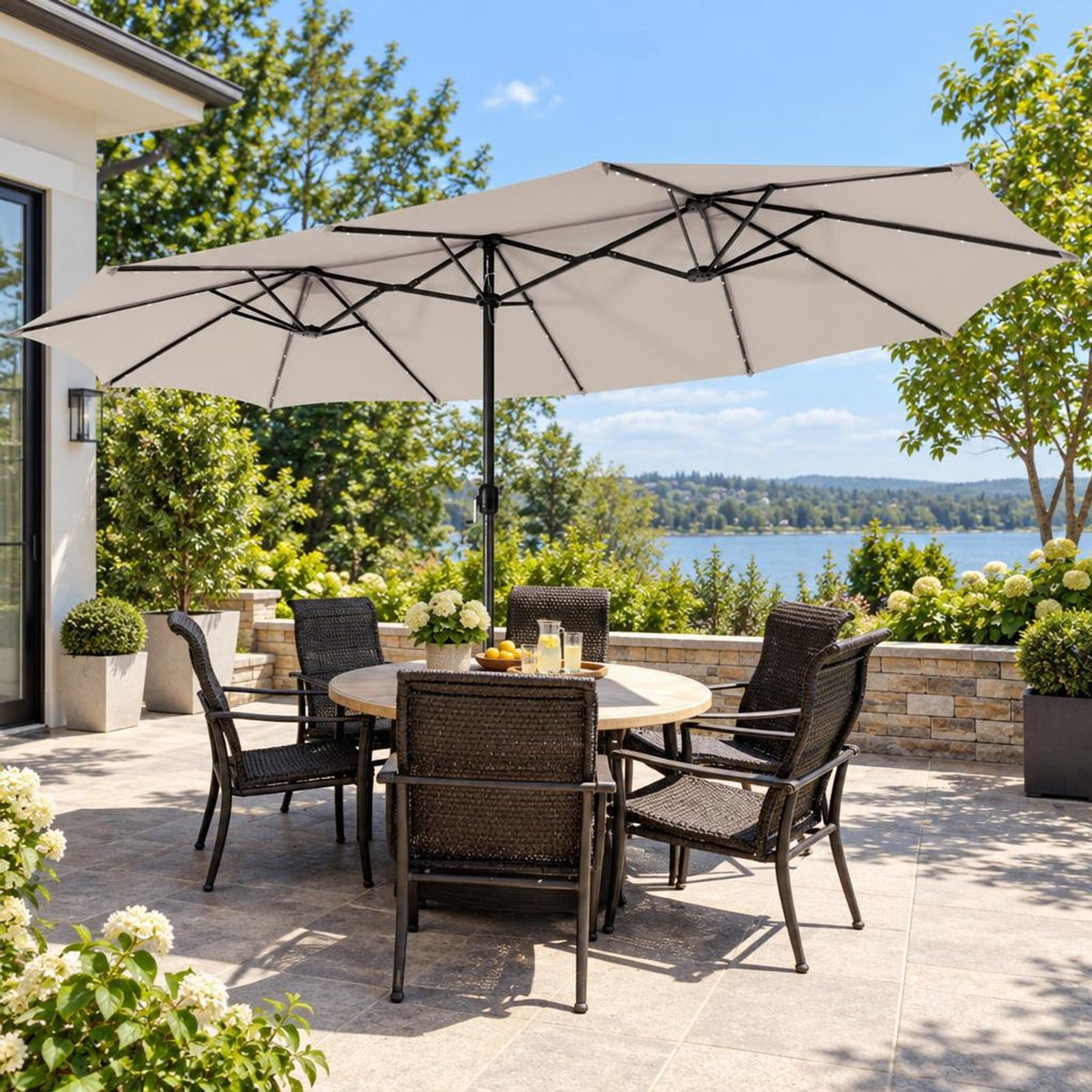 Airfind 15 Feet Twin Patio Umbrella with 48 Solar LED Lights, Steel polyester fabric Frame, 15.4 x 9.2 x 8 (L x W x H) Pole Footprint, Beige
