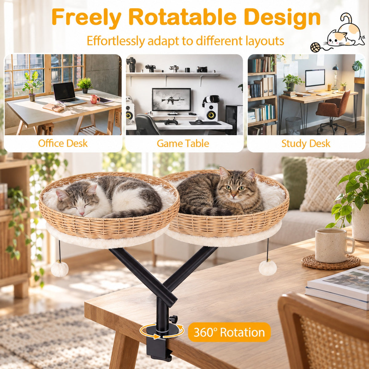 Airfind Cat Desk Bed with Removable Padded Cushion for Indoor Cats, 22 lbs Capacity, PE Rattan Metal MDF Plush Fabric Frame, Natural