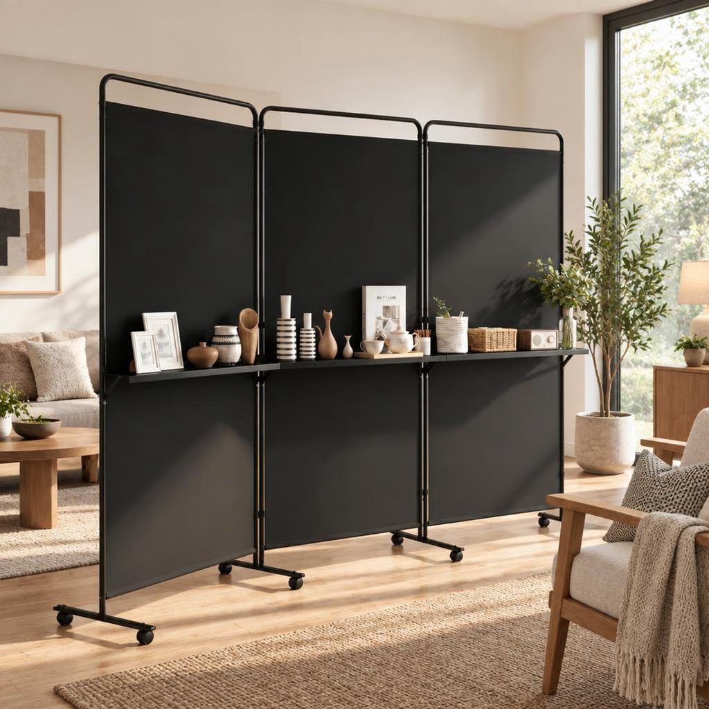 Airfind 3-Panel Room Divider with Shelves 6 FT Tall Folding Privacy Screen with Lockable Wheels, Polyester Fabric Metal Frame, Black
