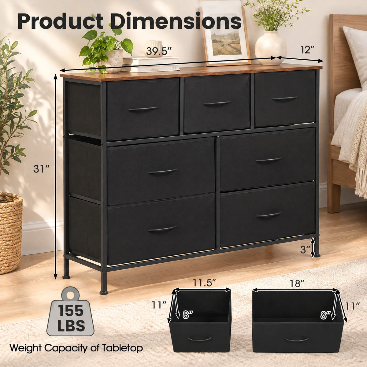 Airfind 7-Drawer Wide Dresser with 2-Sized Folding Fabric Drawers for Bedroom, 155 lbs Capacity, Engineered Wood Frame, 39.5in x 12in x 31in Footprint