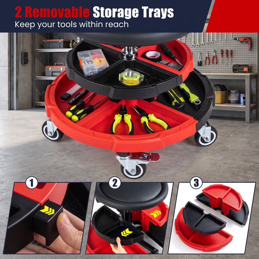 Airfind 360° Rolling Mechanic Stool with 2 Tool Storage Trays, 330 lbs Capacity, Metal Frame, 21 x 21 x 21.5-26.5 Footprint, Red