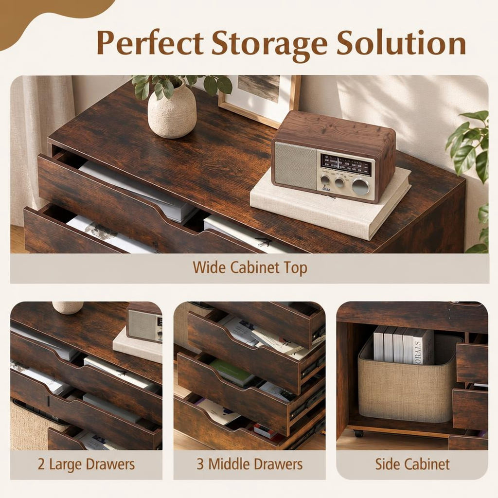 Airfind Modern Vertical 5-Drawer Mobile Chest with Door 5 Casters, 220 lbs Capacity, Engineered Wood MDF Metal Frame, 30.5in x 16in x 25in Footprint
