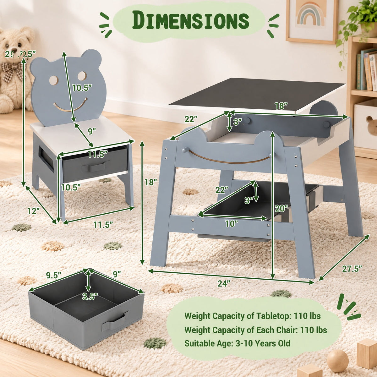 Airfind 5-in-1 Toddler Table and 2 Chairs Cute Art Desk Set with Reversible Chalkboard Whiteboard, 110 lbs Capacity, MDF Non-woven Fabric Frame