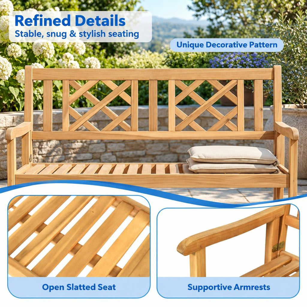 Airfind Patio Foldable Bench with Curved Backrest and Armrest, 705 lbs Capacity, Acacia wood Frame, Teak