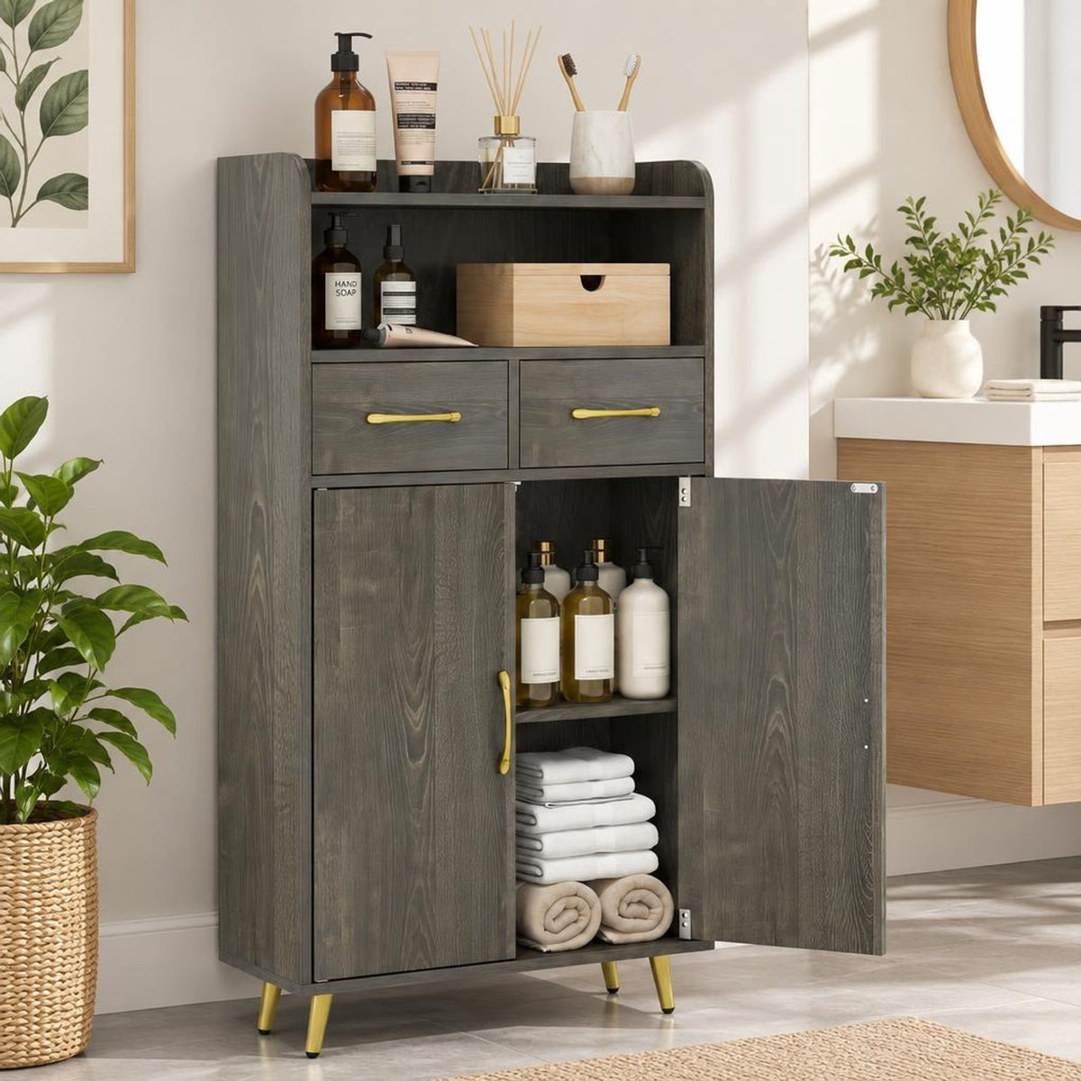 Airfind Bathroom Storage Cabinet Freestanding Floor Cabinet with 2 Drawers and 2 Doors, 44 lbs Capacity, Engineered Wood Metal Frame, Gray