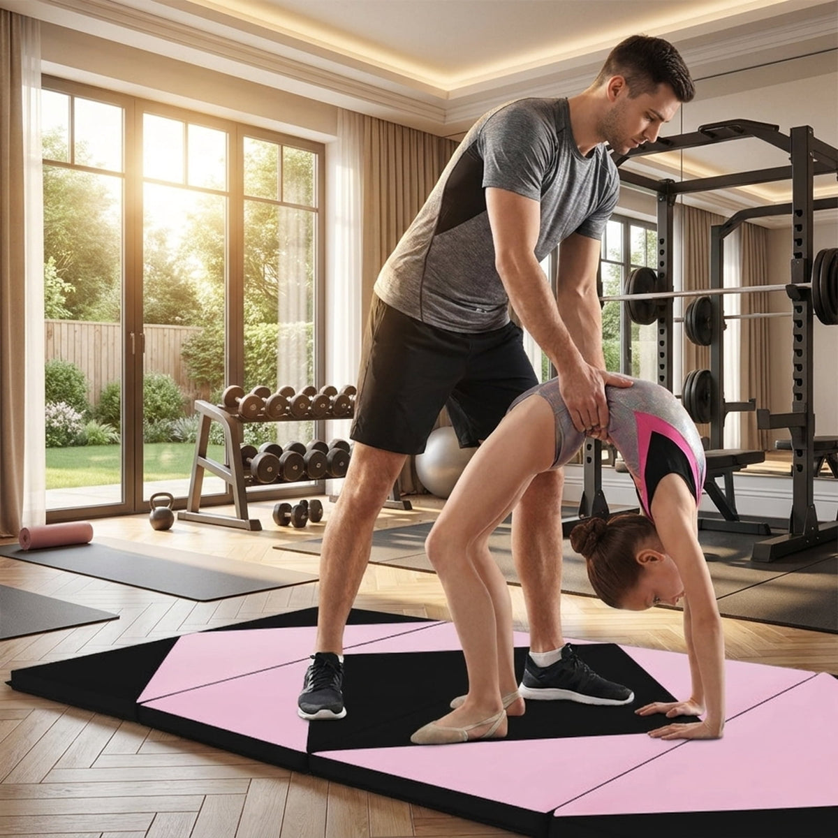 Airfind 10 Feet x 4 Feet x 2 Inch Folding Exercise Mat with Non-Slip Surface and Cushioned Support and Hook-and-Loop Connectors for Home Workout Gymnastics and Yoga, Black