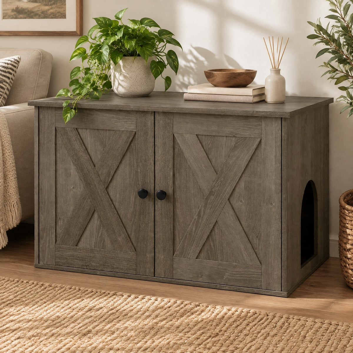 Airfind Hidden Cat Litter Box Enclosure Furniture with Divider, Oak, Large tabletop for plants decorations or storage, Oak/White, for Easy Setup