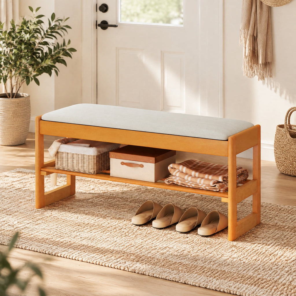 Airfind Shoe Rack Bench with Storage 2-Tier Rubberwood Entryway Bench with Flip-Open Storage, 400 lbs Capacity, 40in x 13.5in x 17in Footprint, Beige