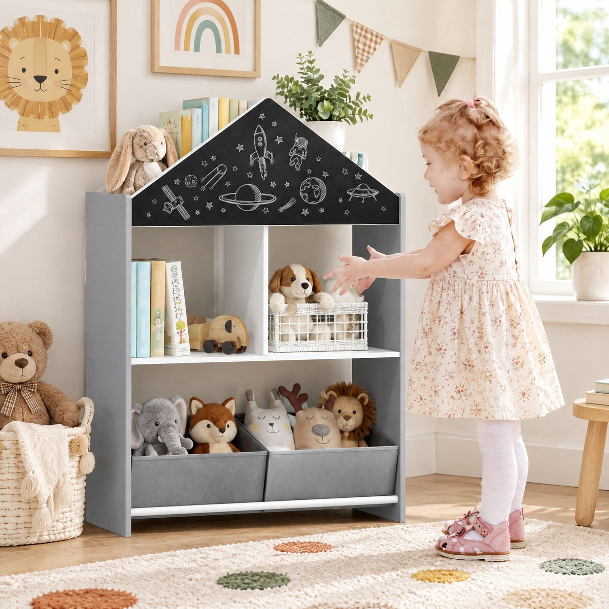 Airfind Playhouse Kids Bookshelf with Chalkboard and Whiteboard for 3-6 Years, MDF Metal Fabric Frame, Gray