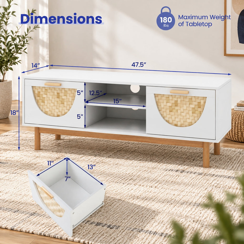 Airfind Mid Century Modern TV Stand Entertainment Center for 55-Inch TV with 2 Drawers and Bamboo Woven Fronts, MDF Frame, White