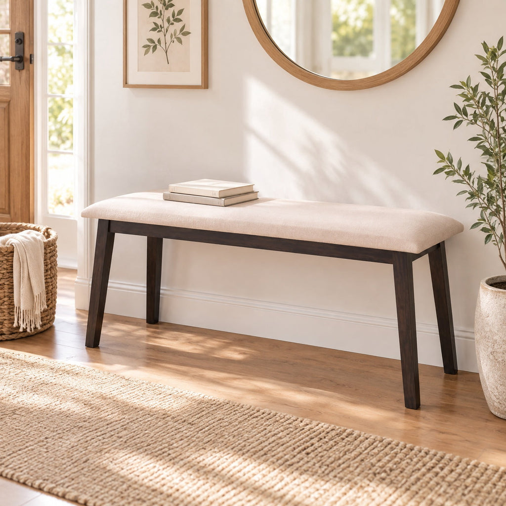 Airfind 43.5 Inch Upholstered Entryway Bench with Rubber Wood Frame, 550 lbs Capacity, Faux Linen Fabric Frame, 43.5 Inch x 14 Inch x 18 Inch Footprint, Beige