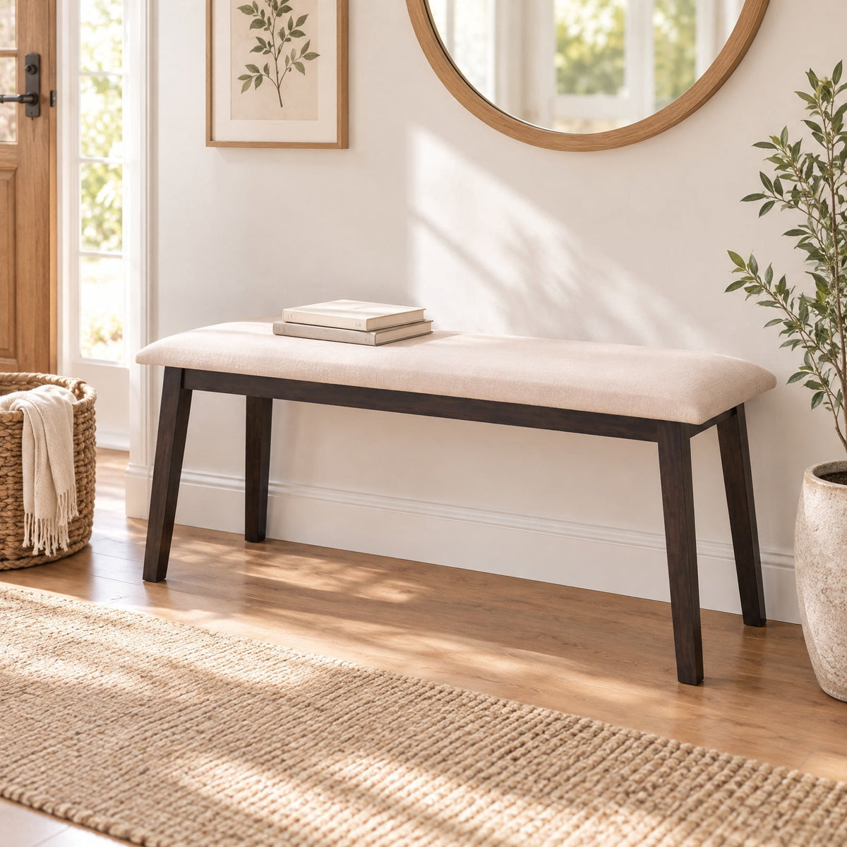 Airfind 43.5 Inch Upholstered Entryway Bench with Rubber Wood Frame, 550 lbs Capacity, Faux Linen Fabric Frame, 43.5 Inch x 14 Inch x 18 Inch Footprint, Beige