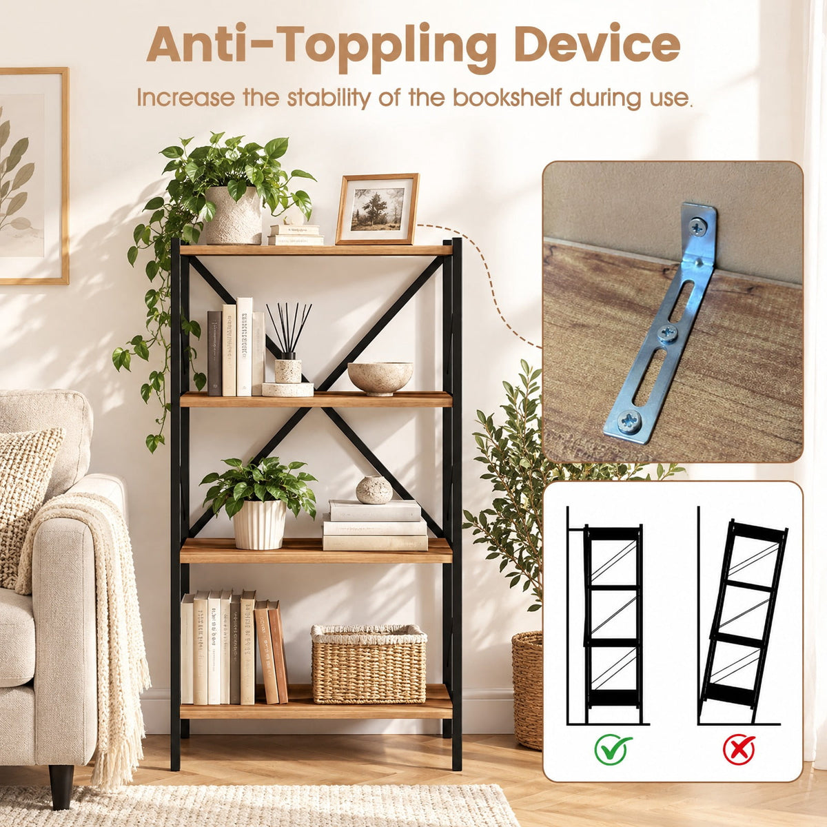 Airfind 4-Tier Bookshelf with Heavy-Duty Metal Frame, 5.5 lbs Capacity, Metal Engineered Wood Frame, Walnut