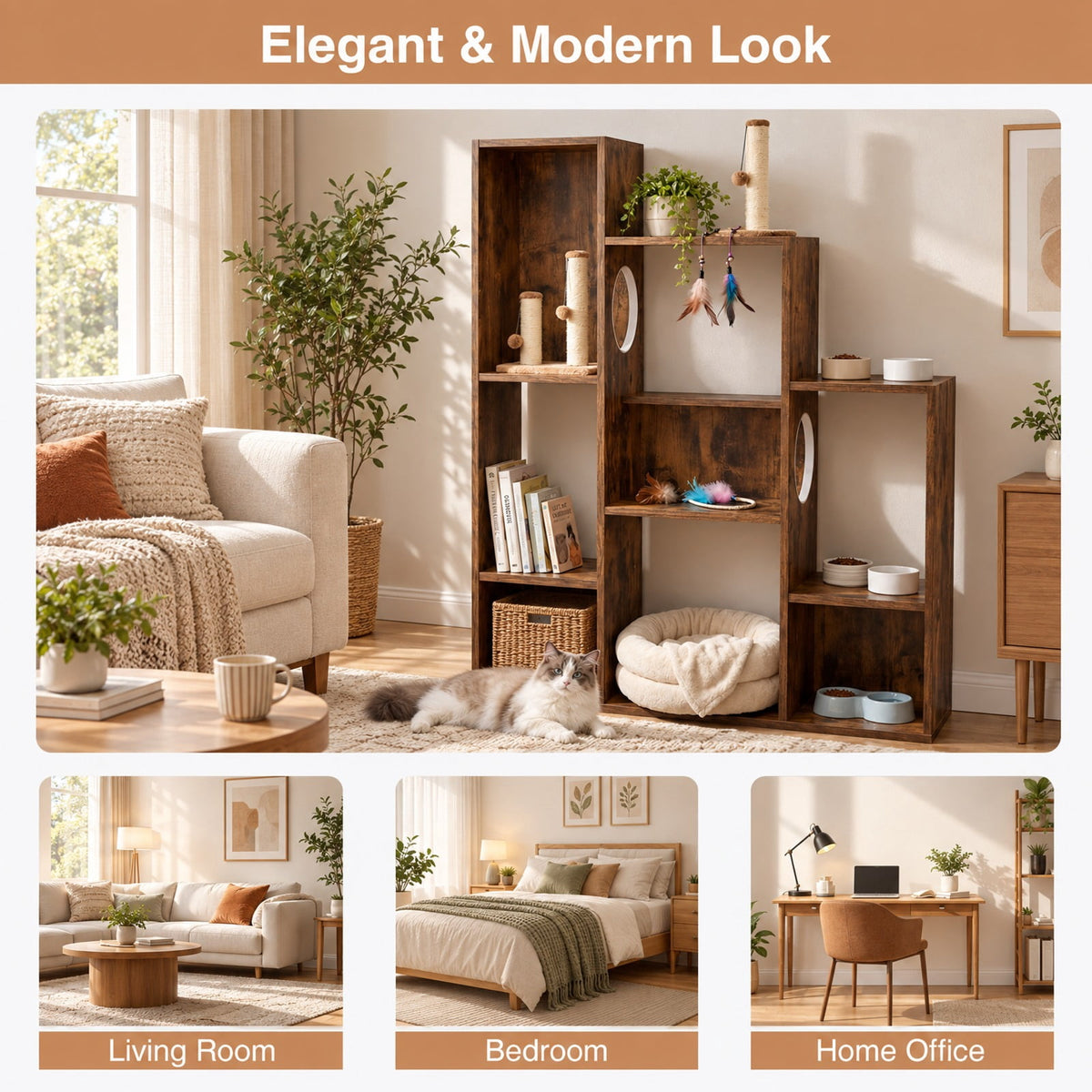 Airfind Modern Cat Bookshelf Cat Tree 8-Section Storage Cabinet with 2 Round Holes, 22 lbs Capacity, Engineered Wood Frame, Brown