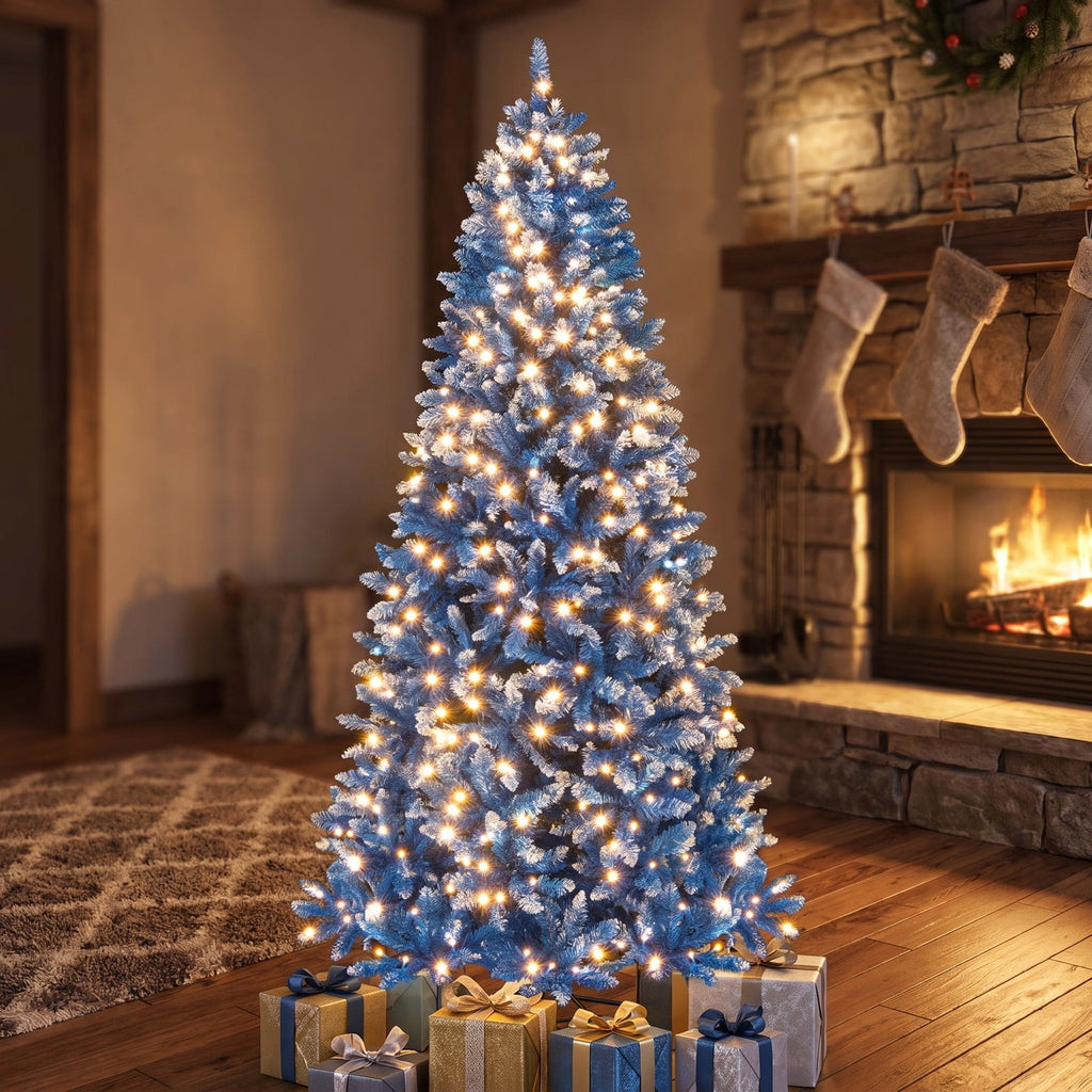 Airfind 6/7/8/9 FT Artificial Christmas Tree with 767 Snowy Branch Tips-7 FT, PVC Metal Frame, 3.1 x 6 ft Footprint, Blue