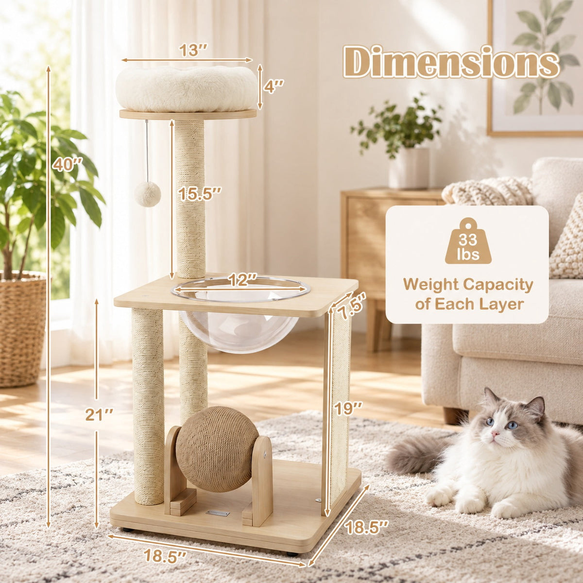 Airfind 40 Inch Solid Wood Cat Tree featuring Space Capsule and Sisal Posts and Scratching Board, 23.5 Inch x 21 Inch x 40 InchBase Footprint, Natural