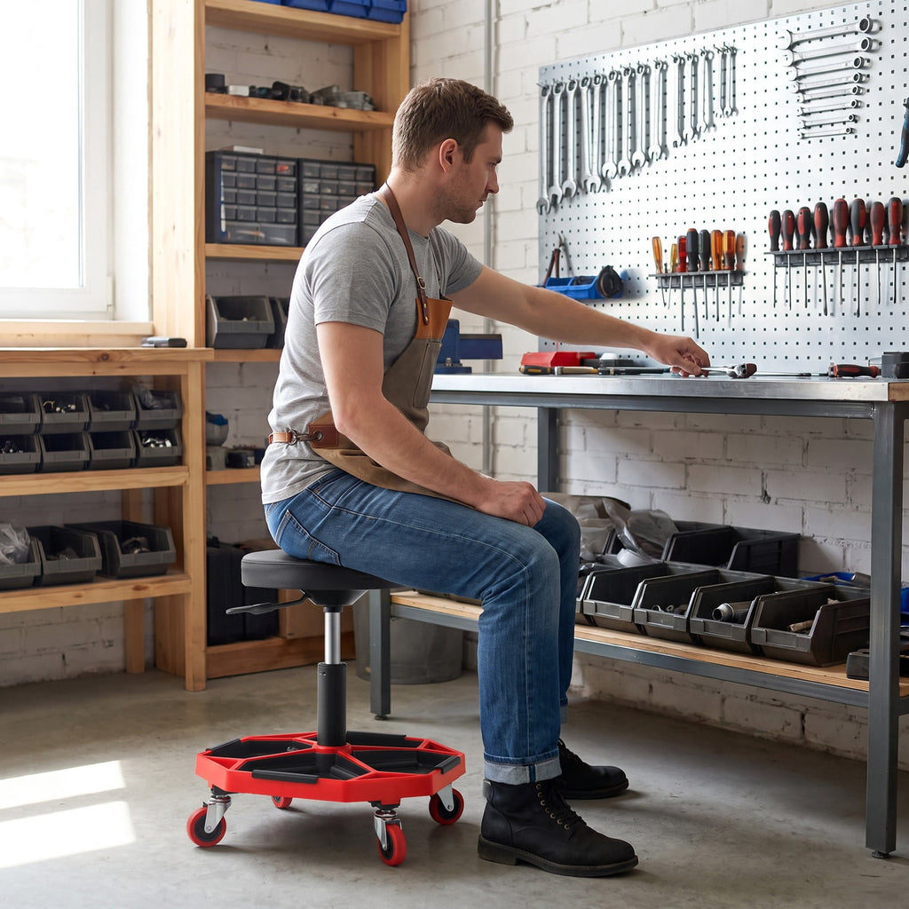 Airfind 330 LBS Capacity Pneumatic Rolling Mechanic Stool with Padded Seat, 20 x 20 x 16 inch Footprint, Red
