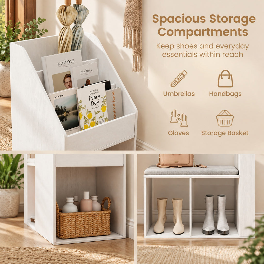 Airfind Shoe Storage Bench with Removable Seat Cushion and 6 Storage Compartments, 200 lbs Capacity, 38in x 15.5in x 31in Footprint, White
