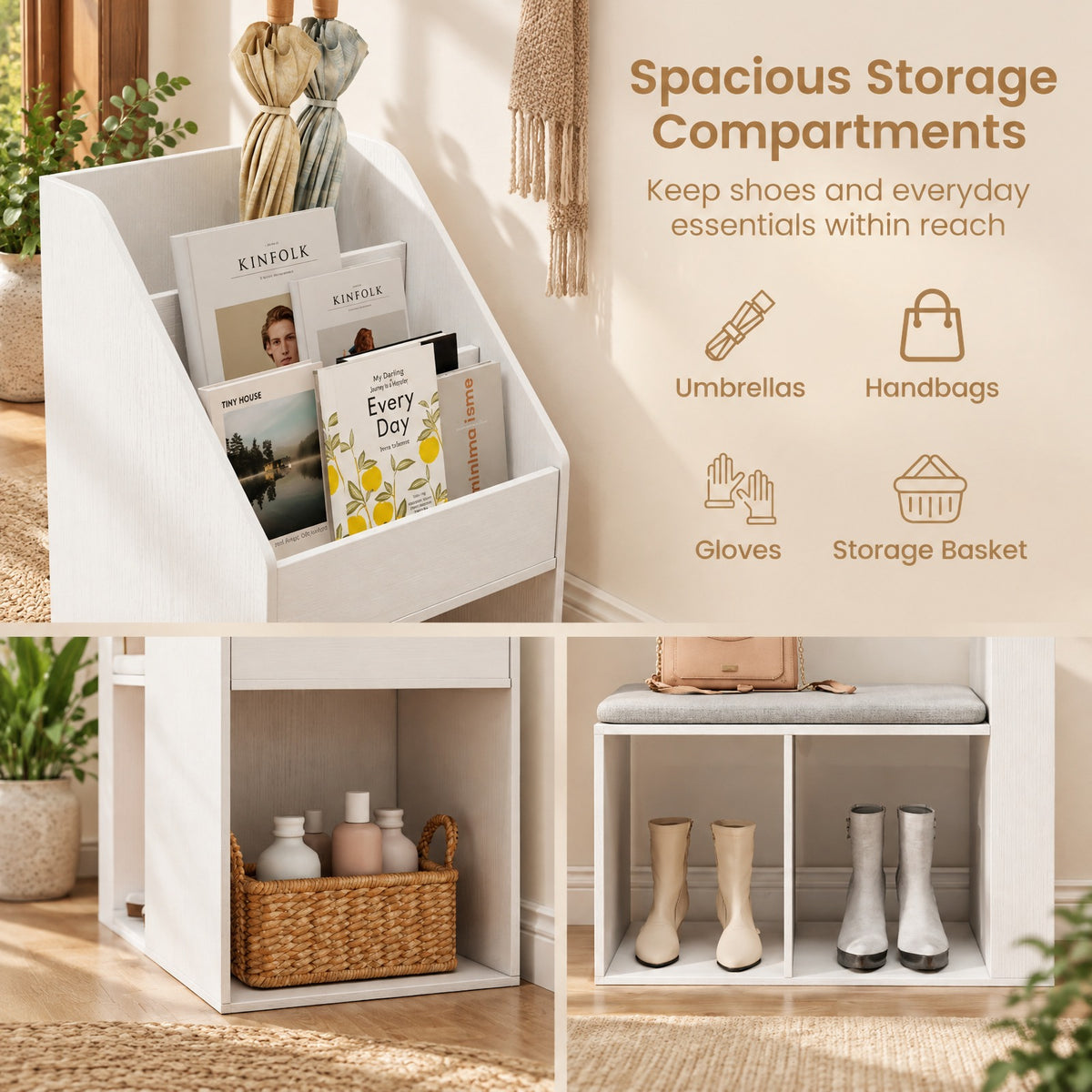 Airfind Shoe Storage Bench with Removable Seat Cushion and 6 Storage Compartments, 200 lbs Capacity, 38in x 15.5in x 31in Footprint, White