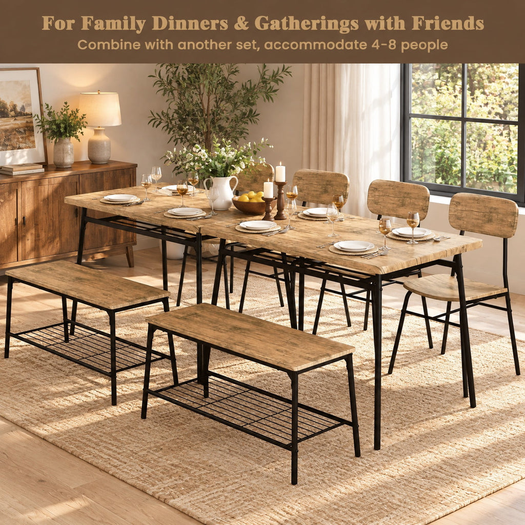 Airfind 4 Piece Dining Table Set for 4 Metal Frame with Bench and 2 Chairs, 200 lbs Capacity, MDF Metal Frame, Brown