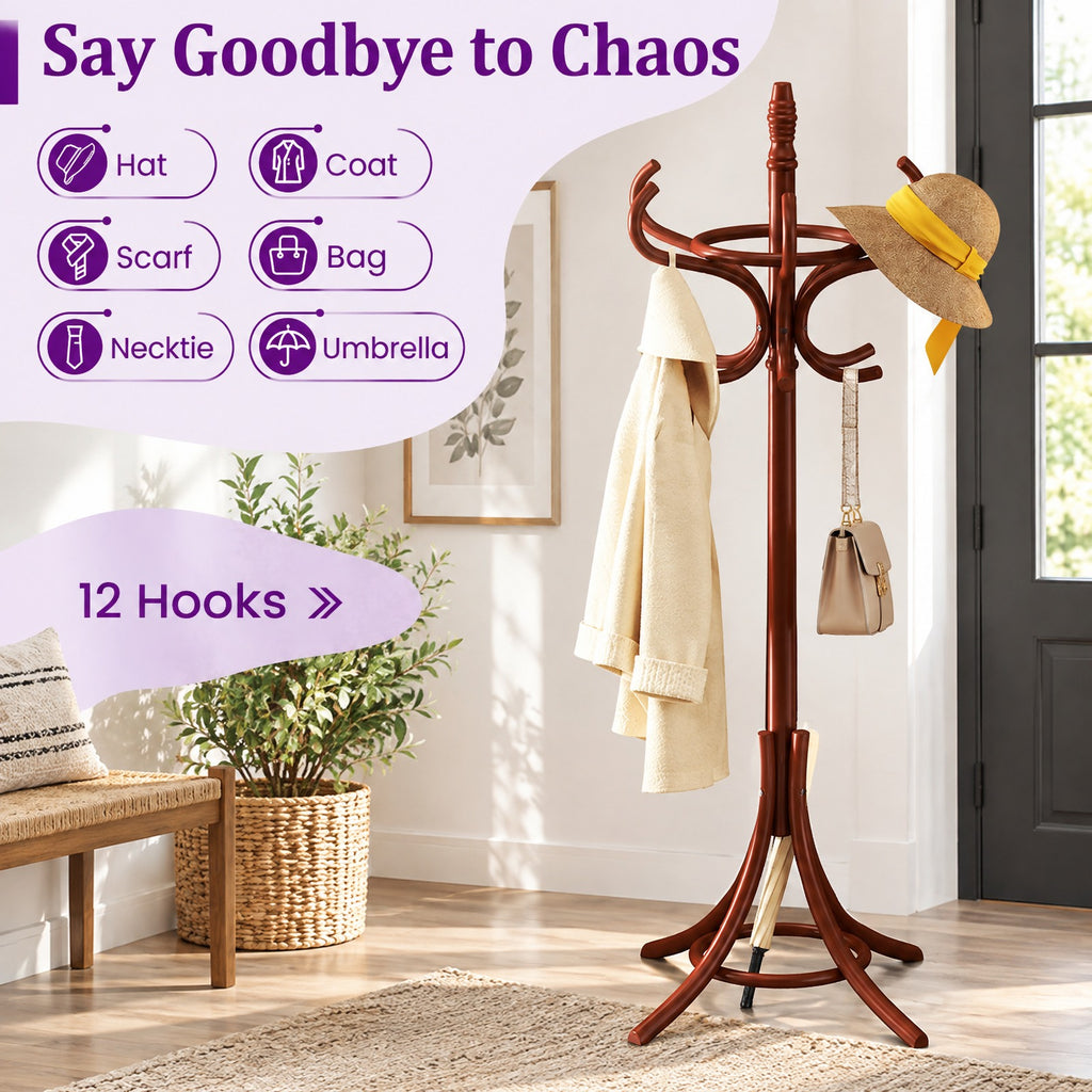 Airfind Wood Standing Hat Coat Rack with Umbrella Stand, 22 lbs Capacity, 16in x 16in x 73in Footprint, Brown