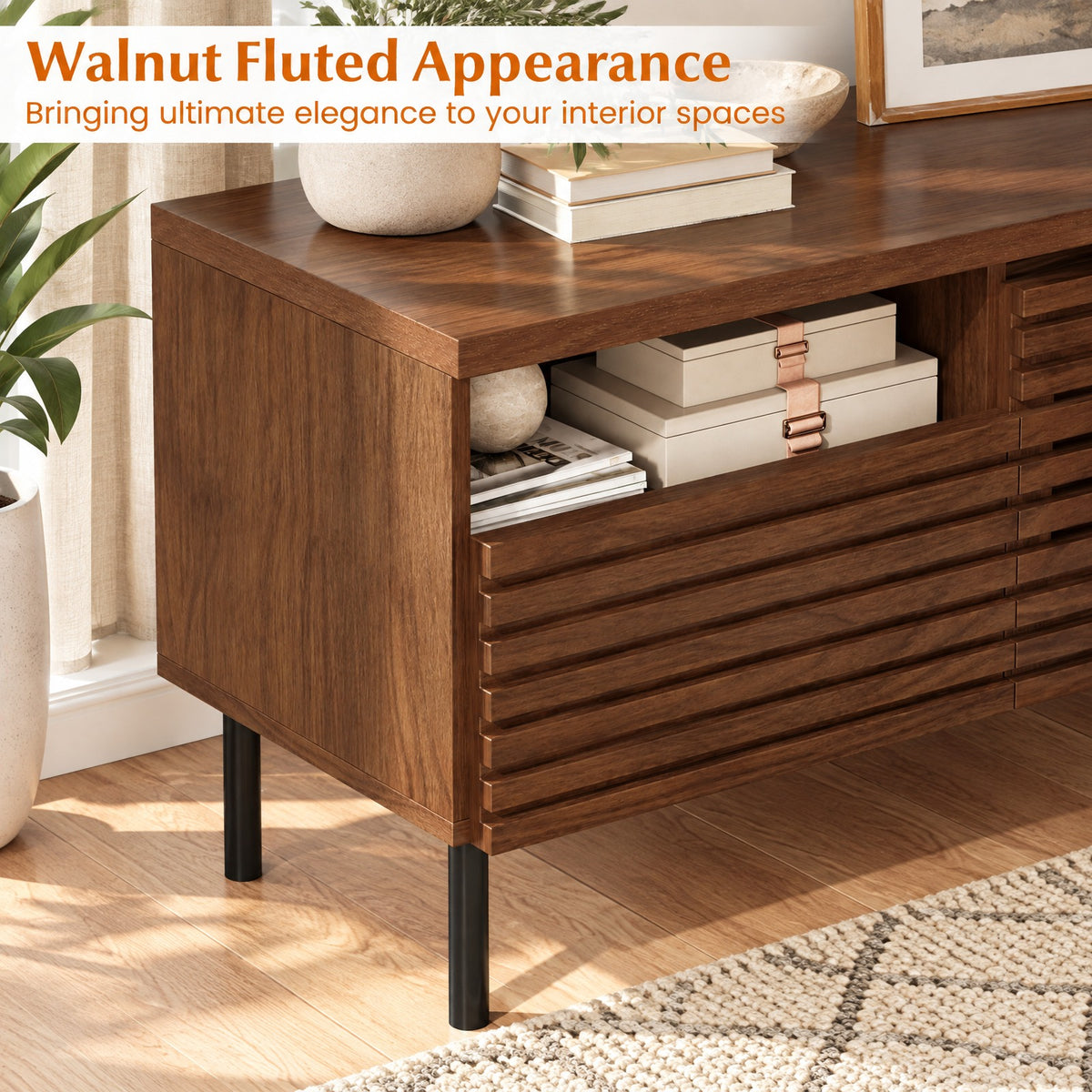 Airfind Mid Century Fluted TV Stand for 40 Inch TV Modern Entertainment Center with Open Compartment, 110 lbs Capacity, Metal Engineered Wood Frame