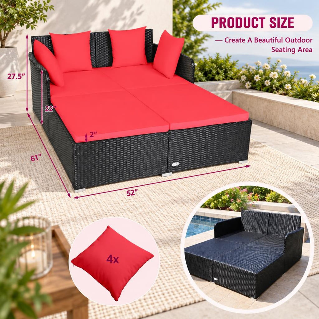 Airfind Spacious Outdoor Rattan Daybed with Upholstered Cushions and Pillows, 800 lbs Capacity, Rattan Steel Sponge Frame, Red